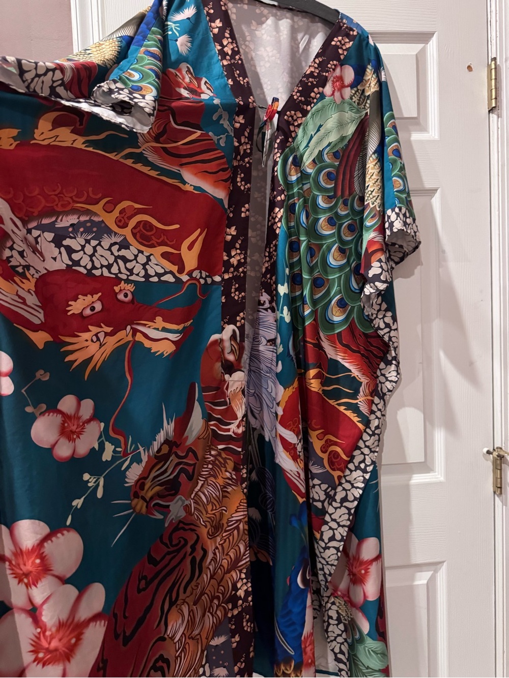 Women's Teal Floral & Dragon Print kimono cover-up